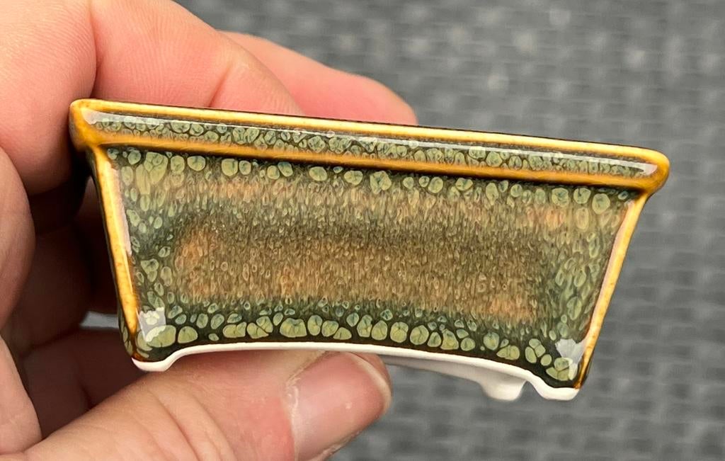 Bonsai pot handgemaakt groen-bruin tinten gemerkt 7,8x6,5x32, Nieuw, Ophalen of Verzenden, Aardewerk, Rechthoekig