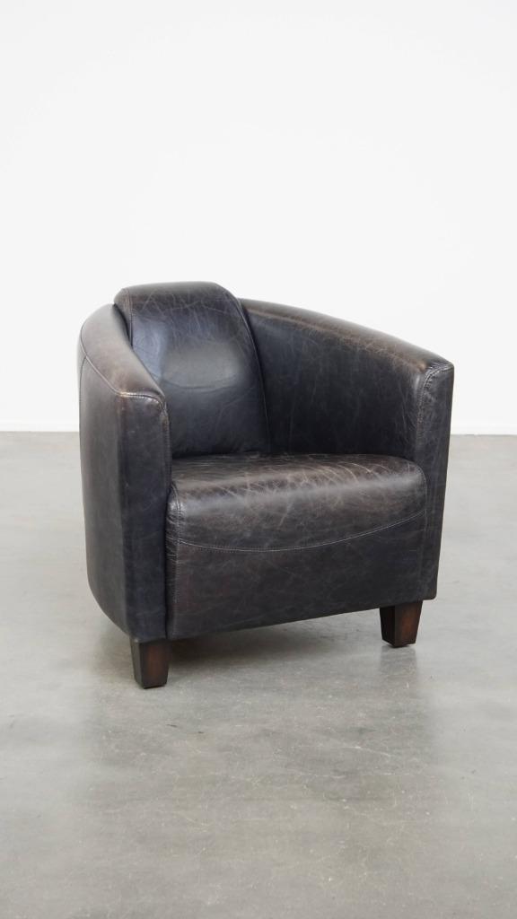 Zwarte rundleren Aviator fauteuil met een strak design, Huis en Inrichting, Fauteuils, Ophalen, Gebruikt, ., Design