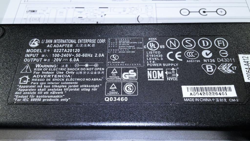 Li Shin 0227A20120 20V 4.5A 6A 120W Lifebook IdeaPad Adapter, Ophalen of Verzenden, Zo goed als nieuw, LITE-ON