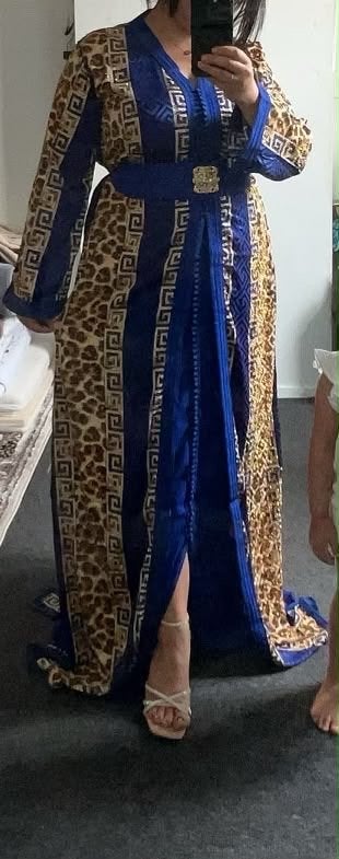 Elegante Marokkaanse Tkchita - Blauw met Luipaardprint, Maat 38/40 (M), Blauw, Nieuw, Ophalen of Verzenden