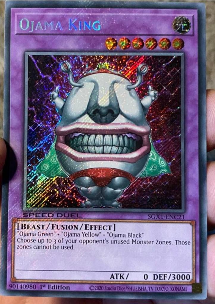 Yu-Gi-Oh! Ojama King SGX1 1st Edition !, Ophalen of Verzenden, Zo goed als nieuw, Losse kaart, Foil