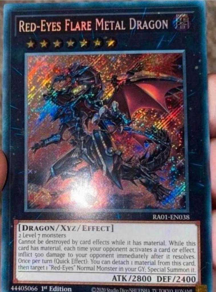 Yu-Gi-Oh! Red Eyes Flare Metal Dragon RA01 1st Edition !, Ophalen of Verzenden, Zo goed als nieuw, Losse kaart, Foil