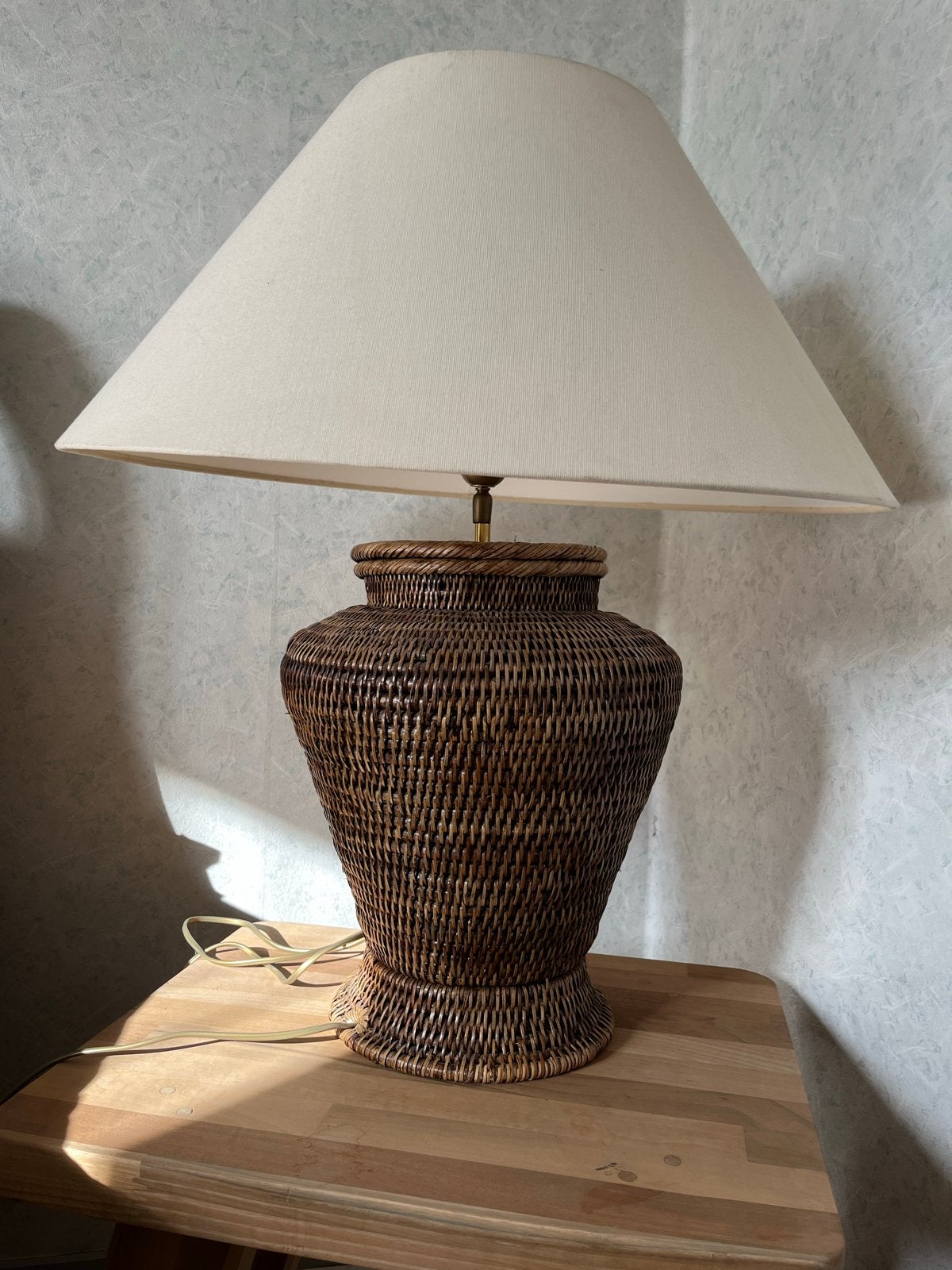 Rotan Birma rieten Tafellamp met Stoffen Kap - Vintage Stijl, Gebruikt, Vintage, Natuurlijk materiaal, Met kap
