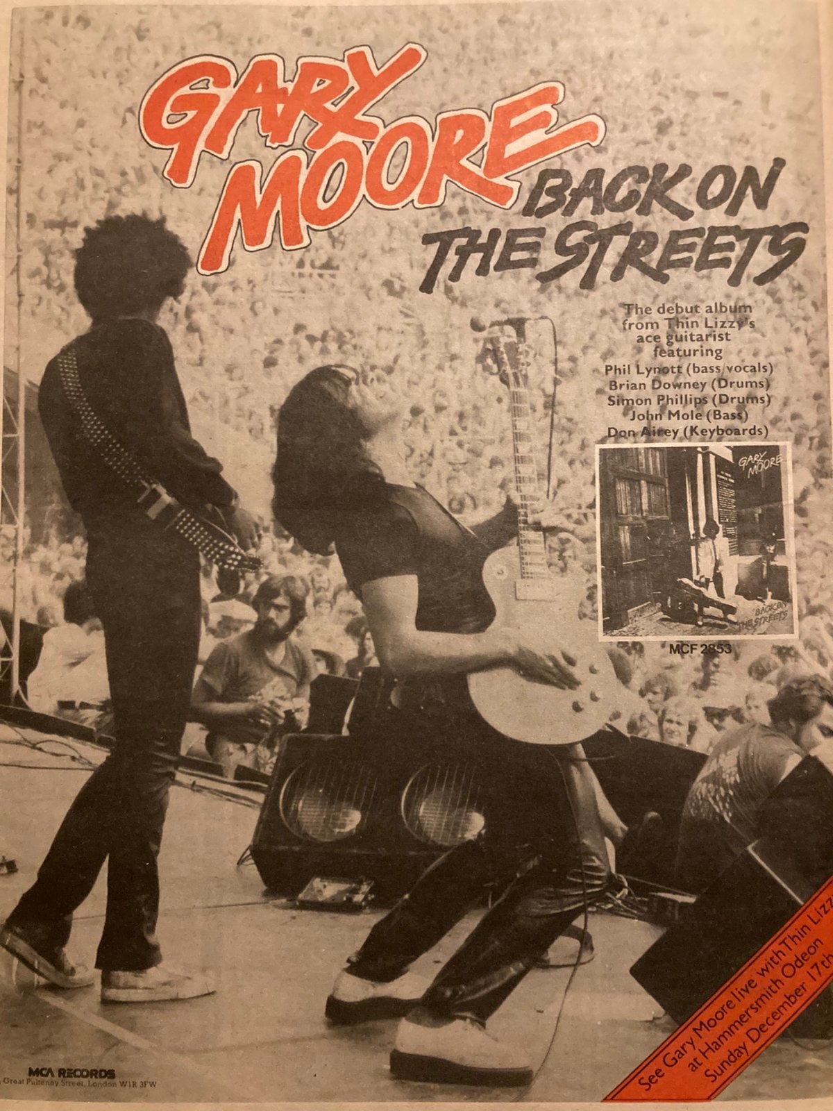 Paginagrote A3 advertentie GARY MOORE Back On The Streets, Ophalen of Verzenden, Zo goed als nieuw