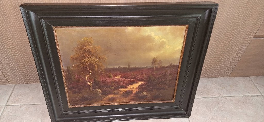 Antiek olieverf schilderij M. Nordt heide met molens, Antiek en Kunst, Oud hollands, Ophalen of Verzenden, Landschap, Olieverf