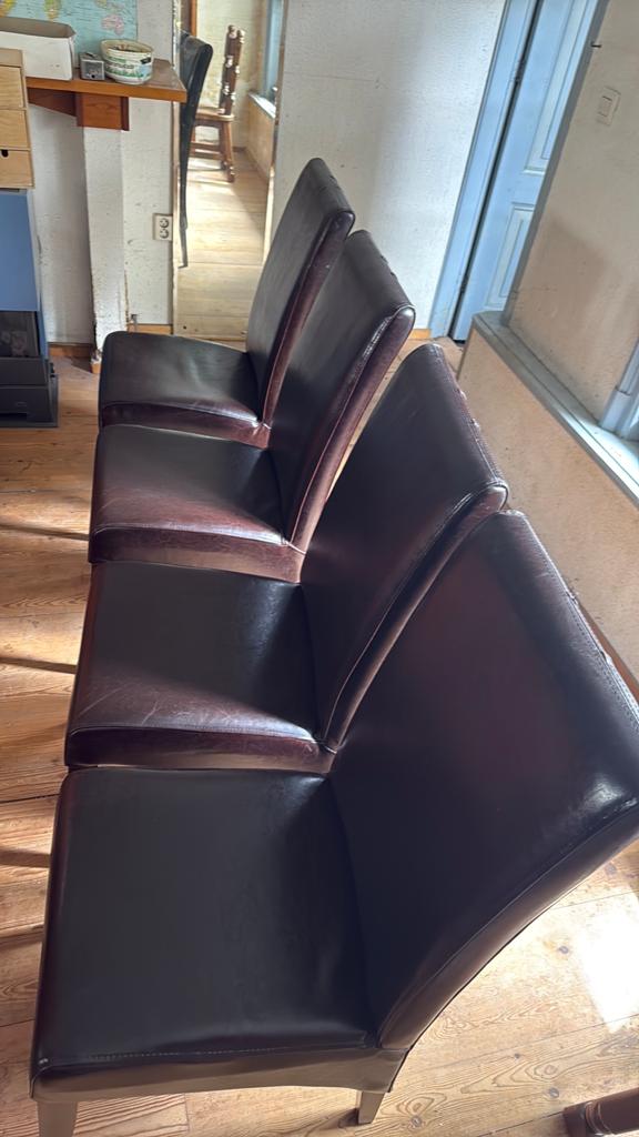 Set van 4 donkerbruine leren eetkamerstoelen, Huis en Inrichting, Stoelen, Ophalen, Gebruikt, Bruin, Onbekend