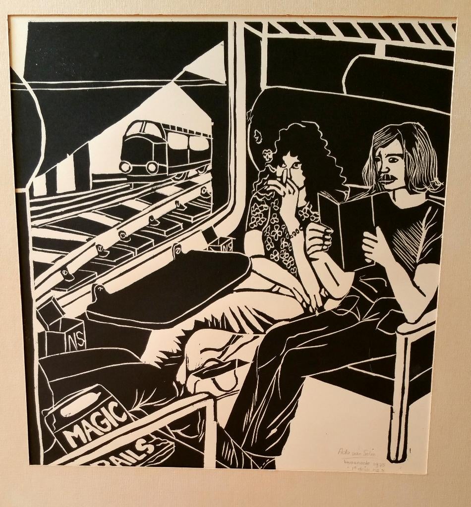 Gravure-Linodruk Ada van Selm-1975 1e druk, Antiek en Kunst, Kunst | Etsen en Gravures, Dagelijks leven, 1950 - 1999, 65 cm, Ophalen of Verzenden