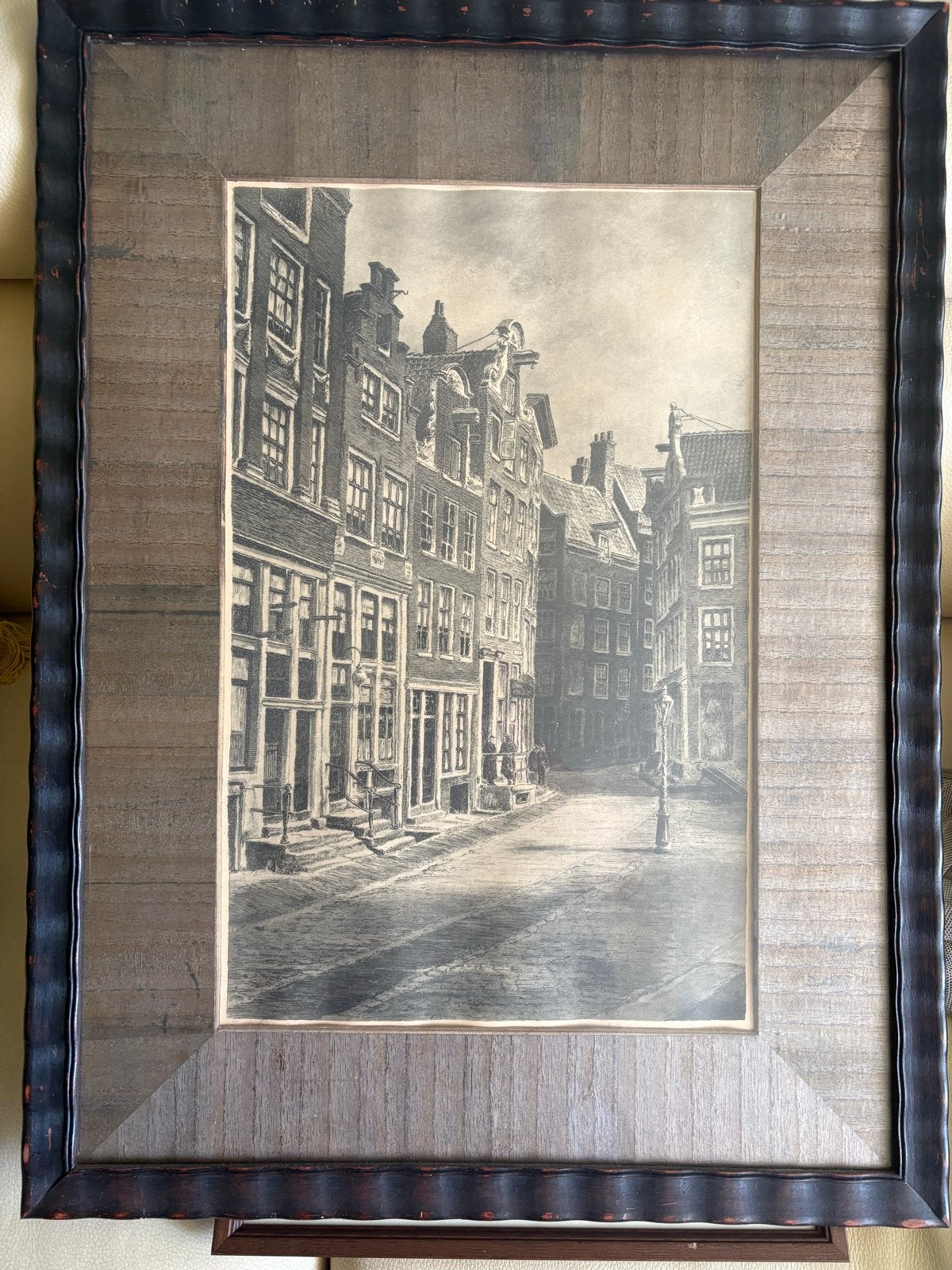 Antieke Ets Amsterdam, gesigneerd,, 1800 - 1899, Ets, Stadsgezicht, Ophalen of Verzenden