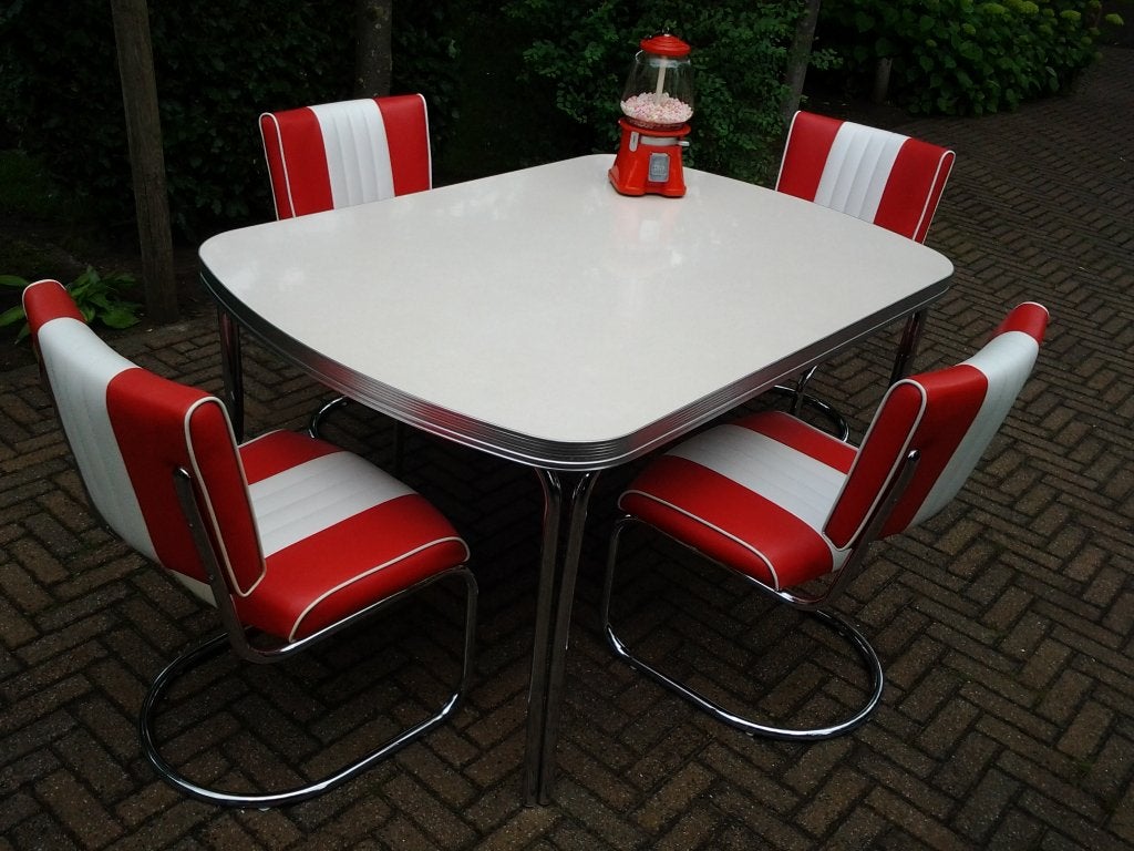 diner tafel + 4 slede stoelen Bel Air retro fifties sixties, Huis en Inrichting, Ophalen, Zo goed als nieuw, Vier, Amerikaanse fifties sixties retro