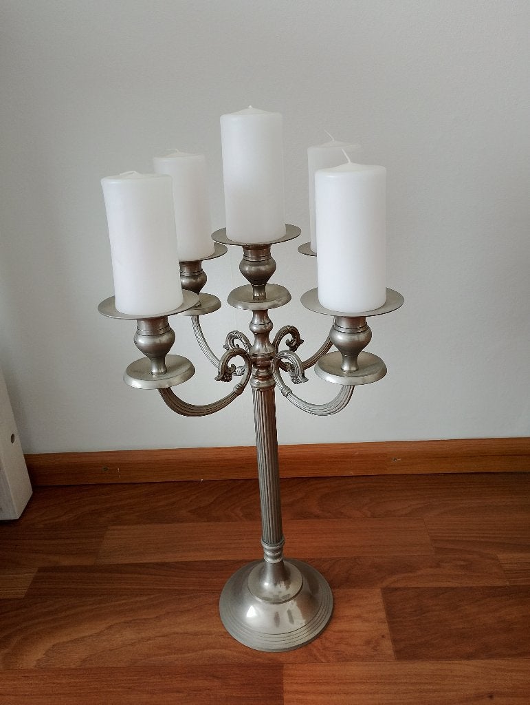 Zilverkleurige 5-armige kandelaar, Ophalen, Overige merken, 50 cm, Zo goed als nieuw