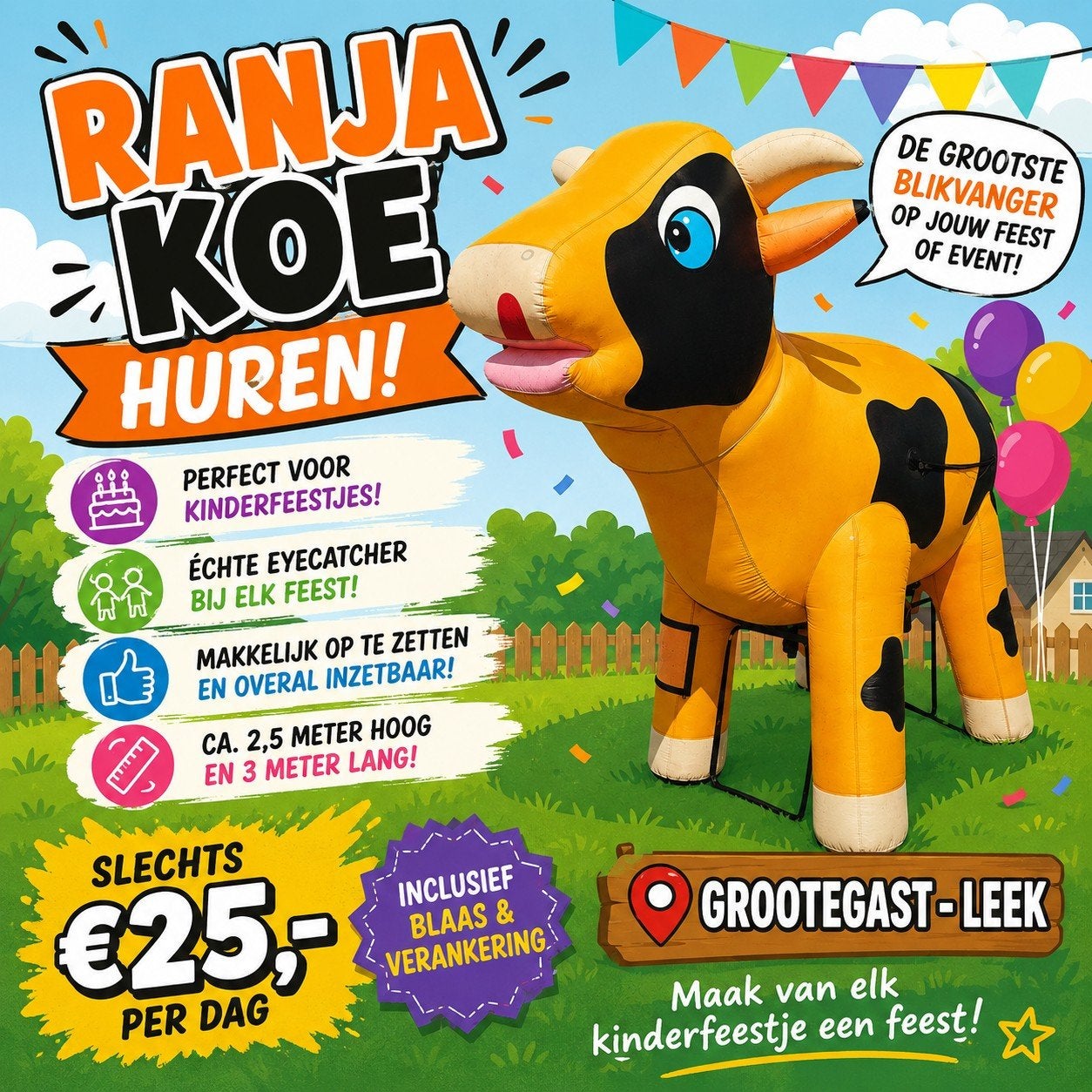 Opblaasbare Ranja Koe te Huur Feestje, Ophalen, Zo goed als nieuw, Verjaardag