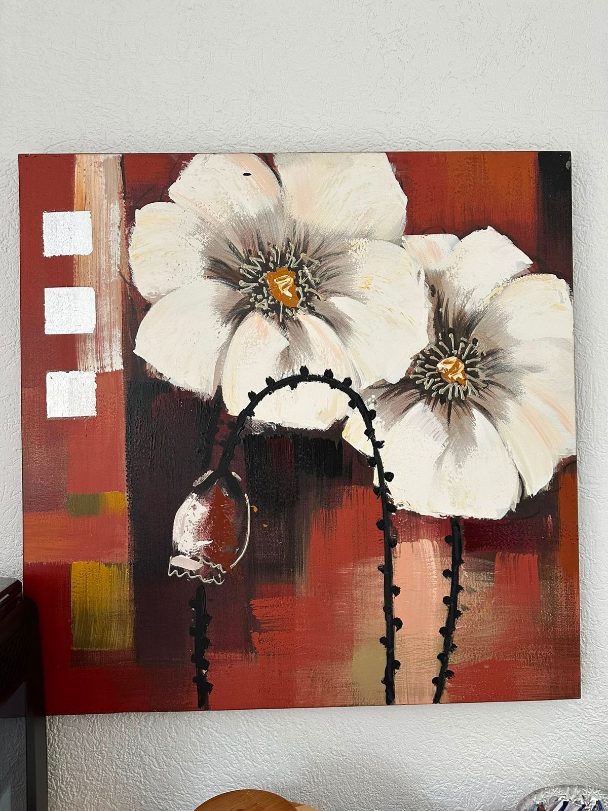 Modern schilderij met witte bloemen op rood/bruine achtergro, Antiek en Kunst, Kunst | Schilderijen | Klassiek, Acrylverf, Doek