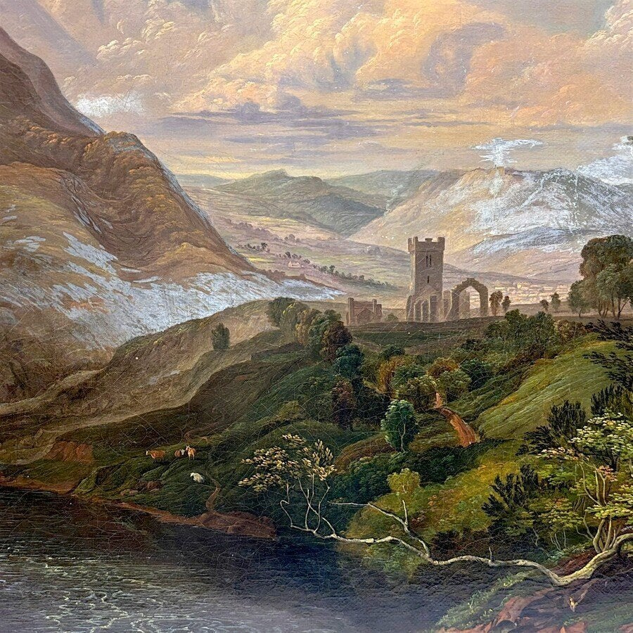 Europese School: berglandschap met jager en ruïne, Antiek en Kunst, Ophalen of Verzenden