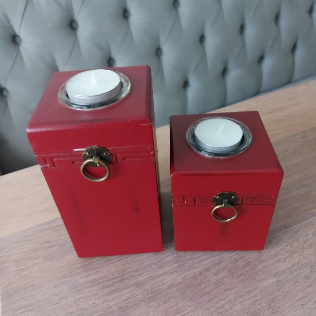 2 houten waxinelichthouders rood/bruin – set, Ophalen of Verzenden, Gebruikt, Bruin