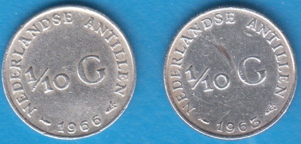 Nederlandse Antillen 1/10 gulden 1963 en 1966 Juliana zilver, Koningin Juliana, Setje, Zilver, Ophalen of Verzenden