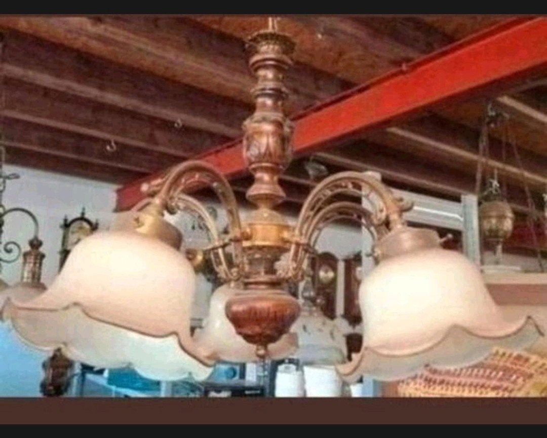 5 armige hanglamp met glazen kappen, Antiek en Kunst, Ophalen