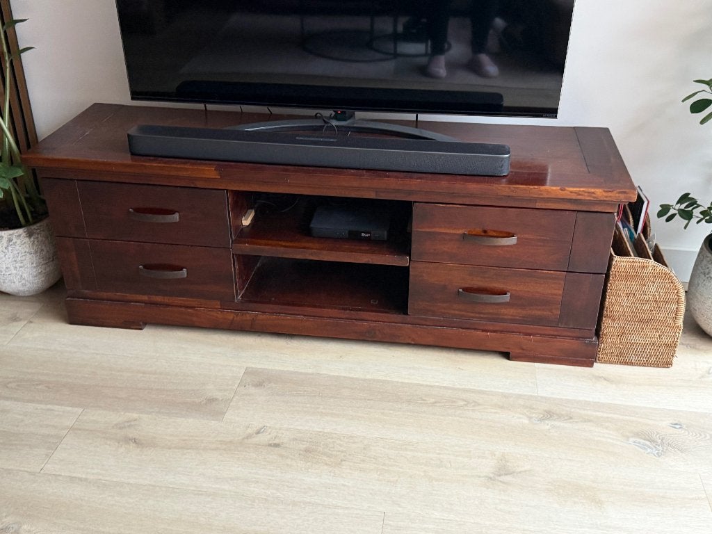 Robuust donkerbruin TV meubel - 160 cm breed, Ophalen, Gebruikt, 150 tot 200 cm, Minder dan 100 cm