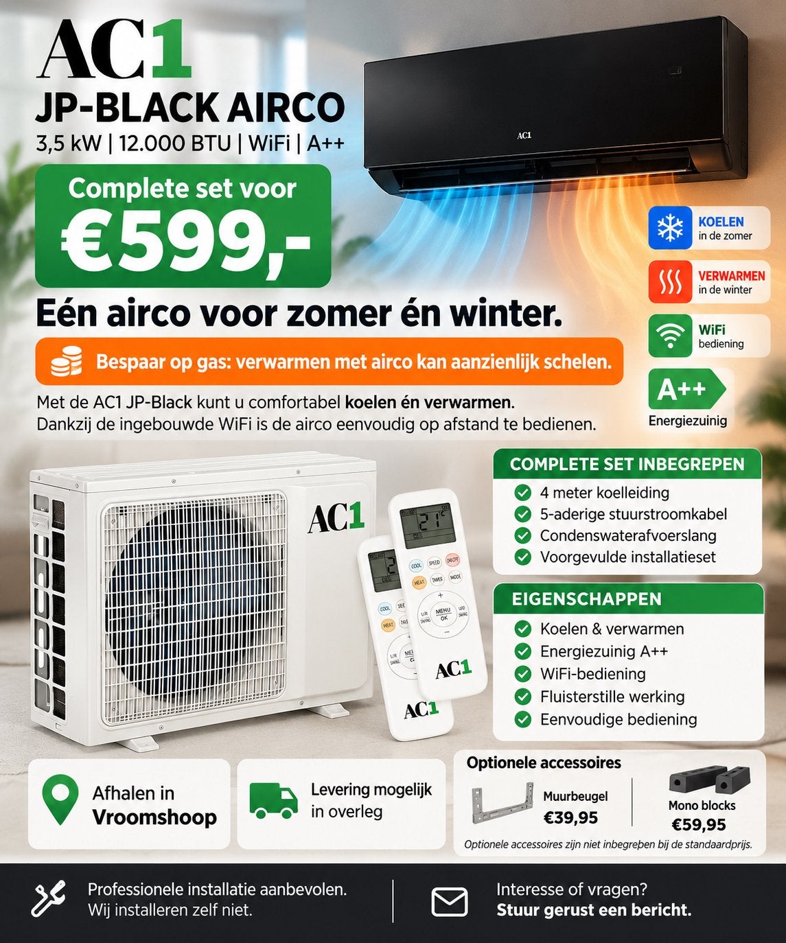 AC1 JP-BLACK AIRCO – 3,5 kW / Complete set voor €599,-, Witgoed en Apparatuur, Ophalen, Verwarmen, 3 snelheden of meer, Zo goed als nieuw
