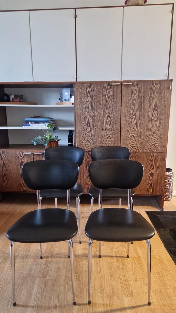 Vintage eetkamerstoelen, buisframe, skai, zwart, strak, Huis en Inrichting, Stoelen, Ophalen, Gebruikt, Mid century modern, Zwart