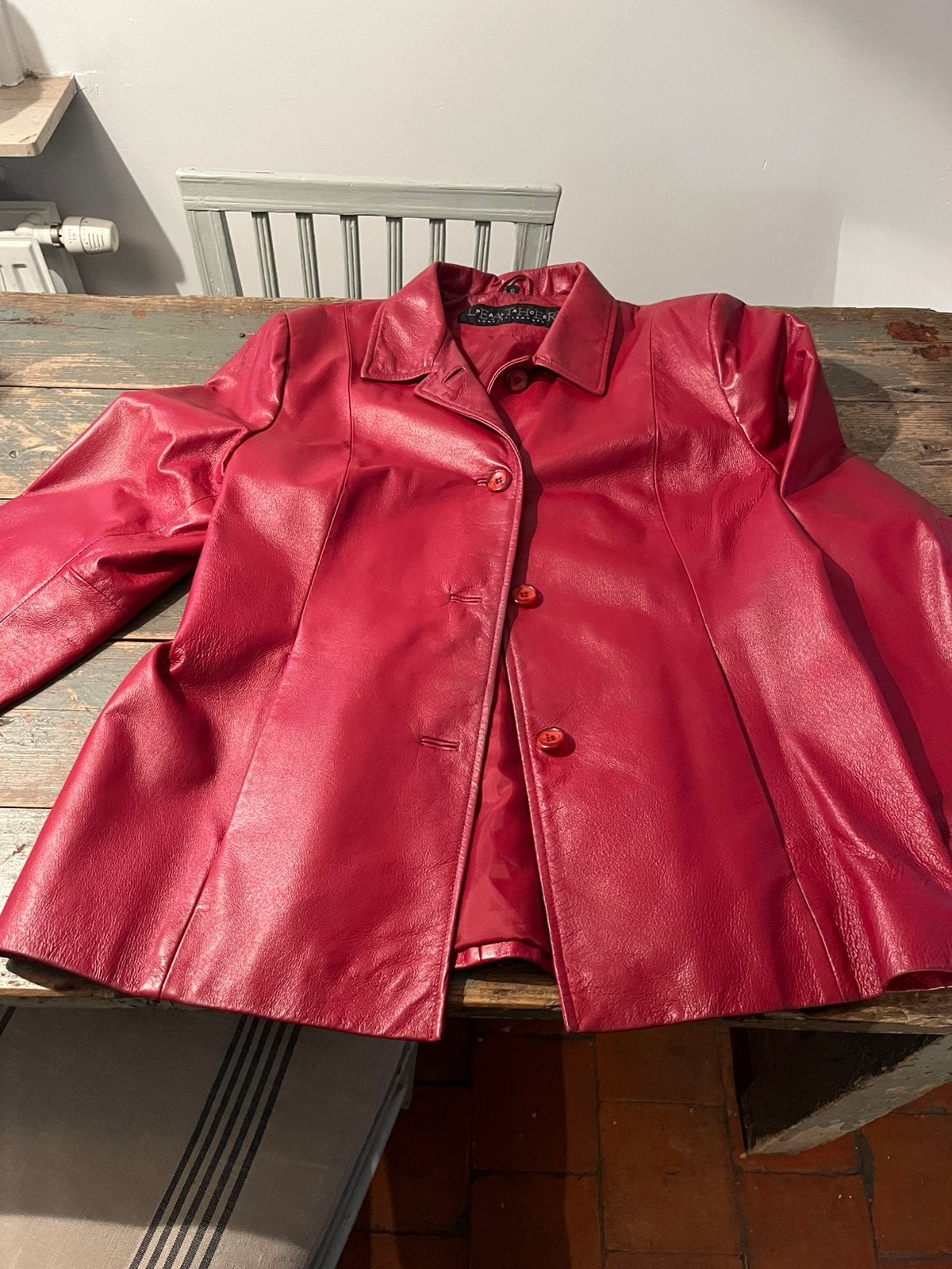 PRACHTIG ECHT LEDER LEREN JAS VEST ROOD 42 ZGSTAAT!, Kleding | Dames, Ophalen of Verzenden, Zo goed als nieuw, Maat 42/44 (L)