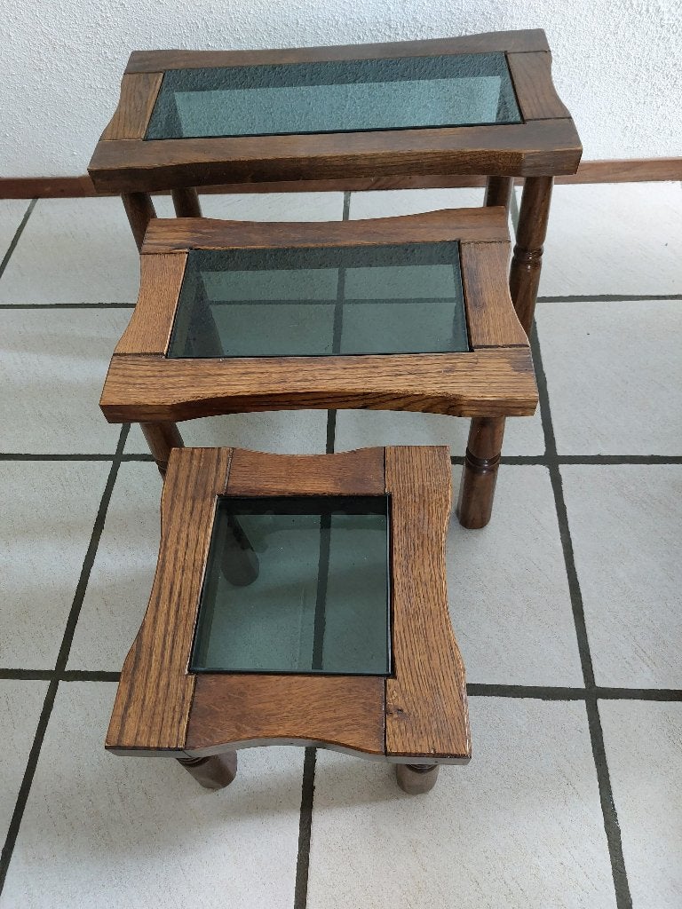 Vintage - Set eikenhouten bijzettafeltjes, Ophalen, Minder dan 45 cm, Vintage; jaren 1950 - 1970, 55 tot 75 cm
