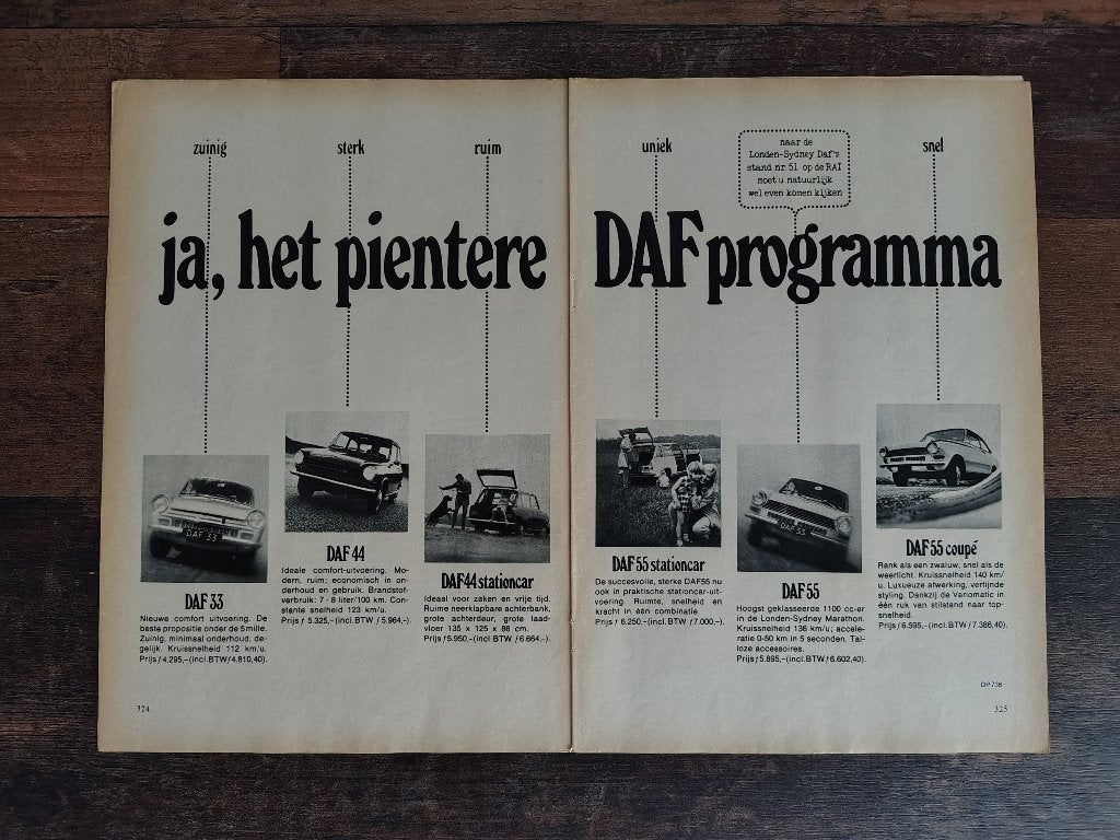 Reclame: DAF 33 / 44 / 55/ Variomatic (1968) 58 x 21 cm, Verzenden, Gebruikt, Auto's