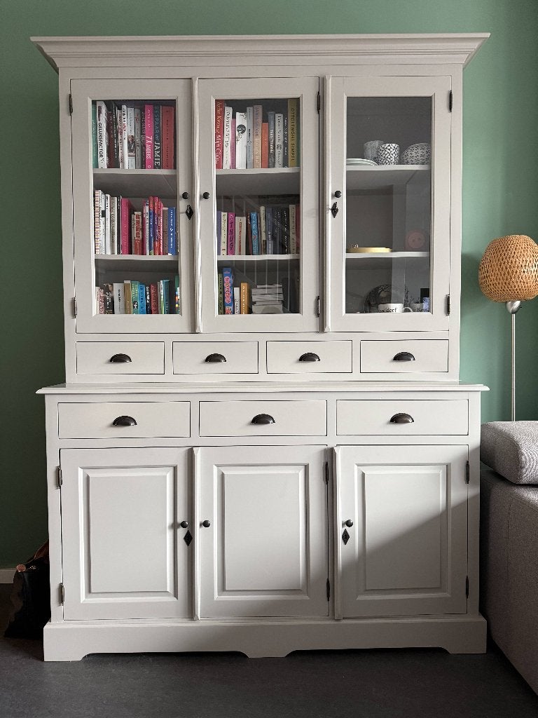 Goossens landelijke buffetkast grijs 147cm, Ophalen, Glas, Gebruikt, 200 cm of meer