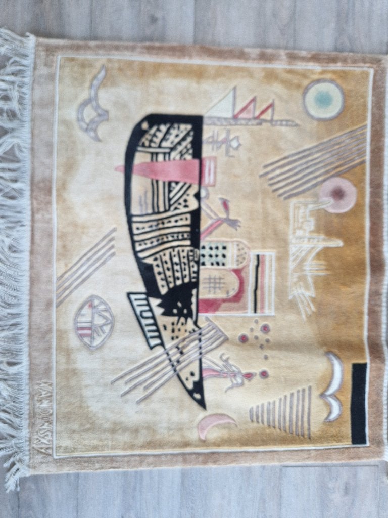 Handgeknoopt Turks Kandinsky tapijt, Ophalen, Crème, 50 tot 100 cm, Vierkant