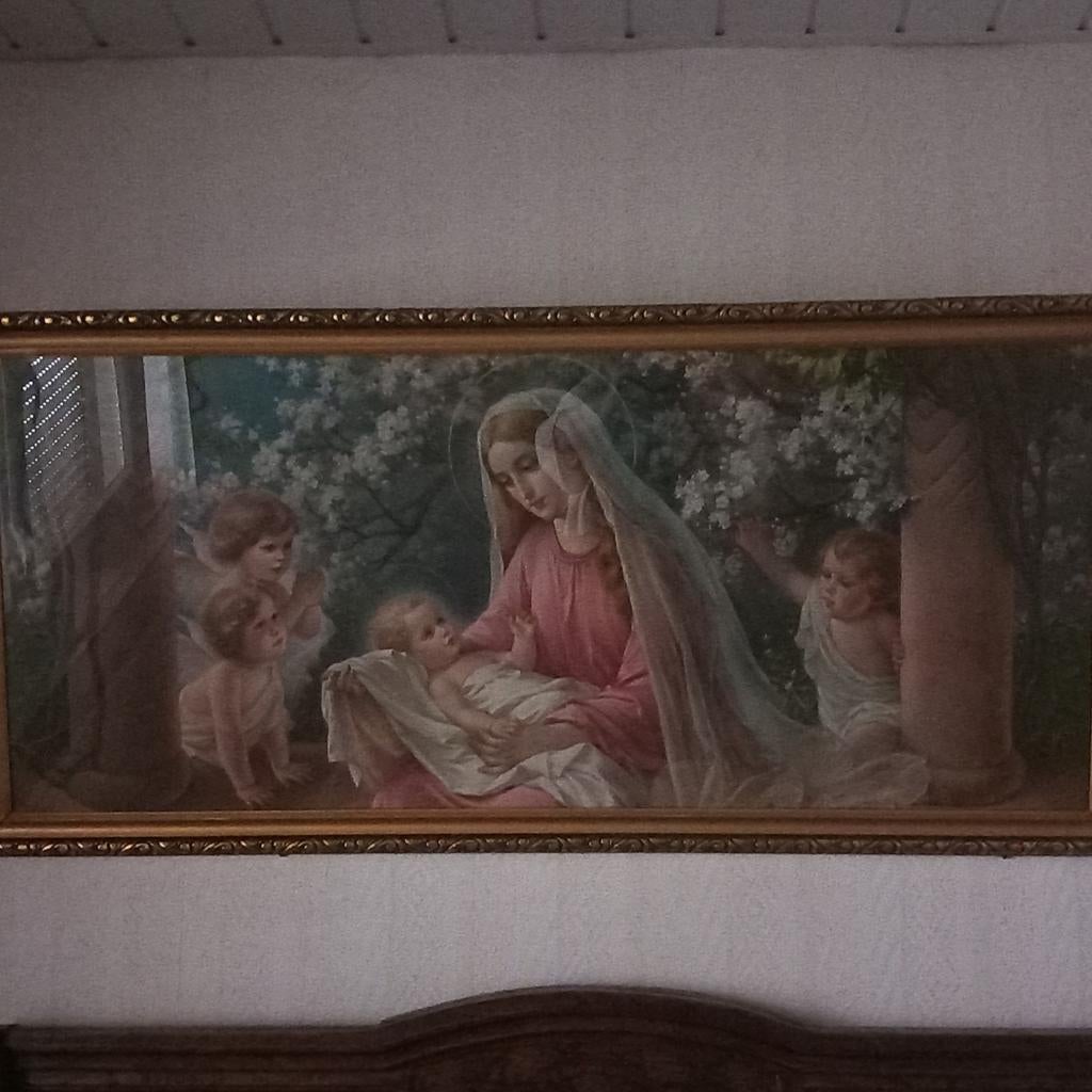 Groot schilderij Maria met kind en engelen, gipsen lijst, Antiek en Kunst, Kunst | Schilderijen | Klassiek, Ophalen