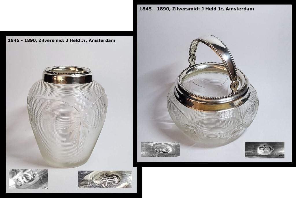 Suikerpotje en Lepelvaasje, met gekeurd zilveren montuur, Ophalen of Verzenden, Zilver