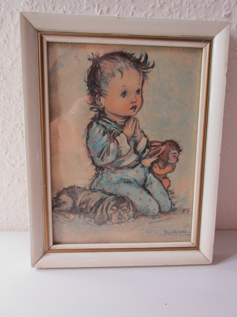 Vintage schilderij biddend kind met hondje, 65 jaar oud, Ophalen of Verzenden