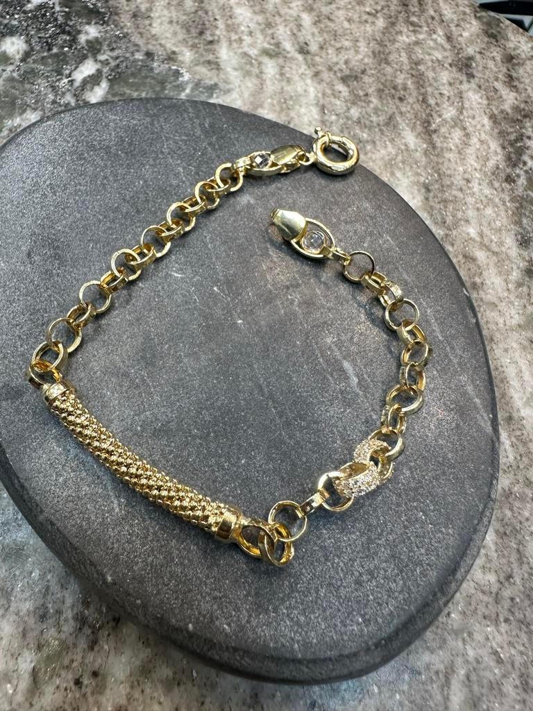 Elegante 14k Gouden Armband met Unieke Schakel en Textuur, Ophalen of Verzenden, Gebruikt, Goud, Met kristal