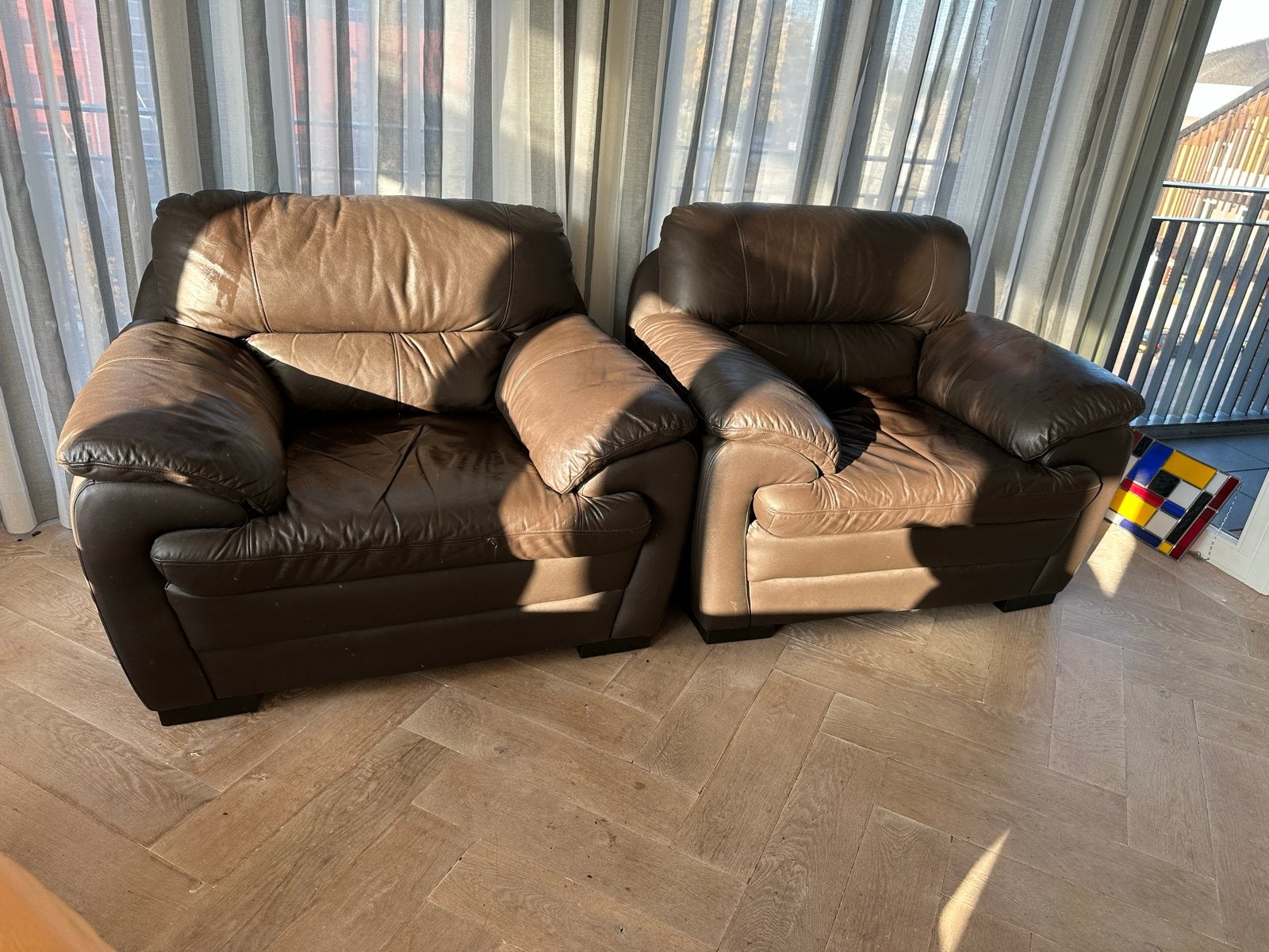 2 Bruine Leren Fauteuils - 120x100 cm, Ophalen, Gebruikt, Eenpersoons, Minder dan 150 cm