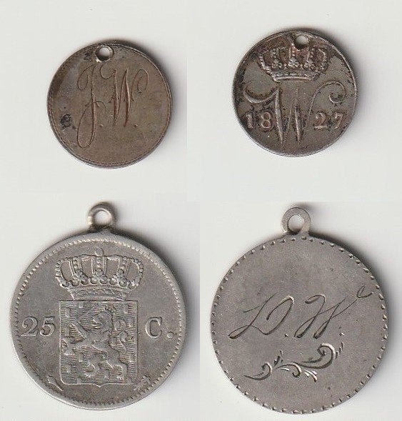 Aangeboden twee love tokens, Willem I, 10 en 25 cent, zilver, Zilver, Overige waardes, Koning Willem I, Verzenden