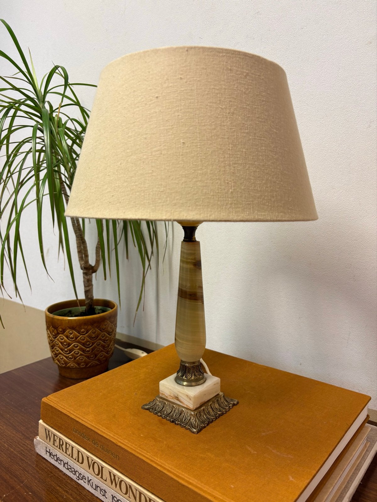 Mooie Vintage tafellamp onyx marmer met messing details, Ophalen of Verzenden
