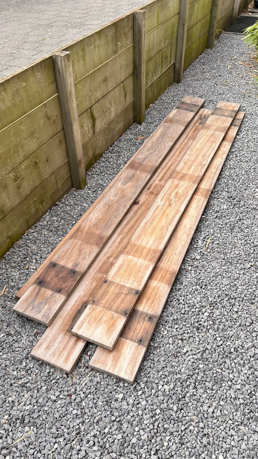 Padoek hardhouten planken - Gebruikt, Doe-het-zelf en Verbouw, Hout en Planken, Ophalen, Gebruikt, 25 tot 50 mm, 250 tot 300 cm