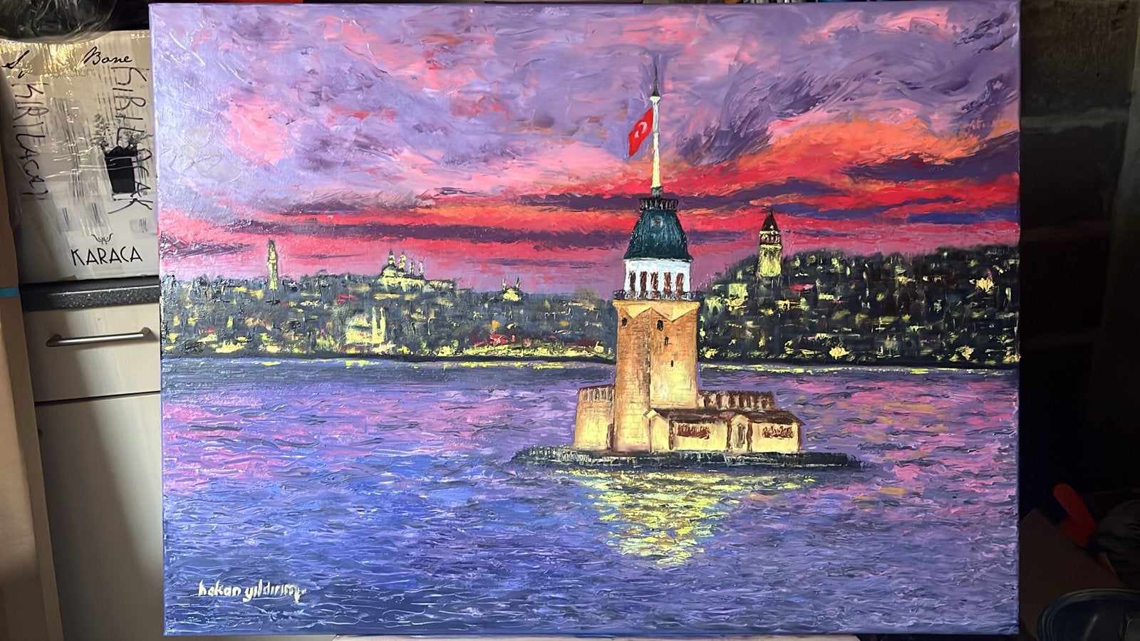 Olieverf Maagdentoren(55x75cm) in Istanbul bij zonsondergang, Maritiem / water, Doek, Realistisch, Ophalen of Verzenden