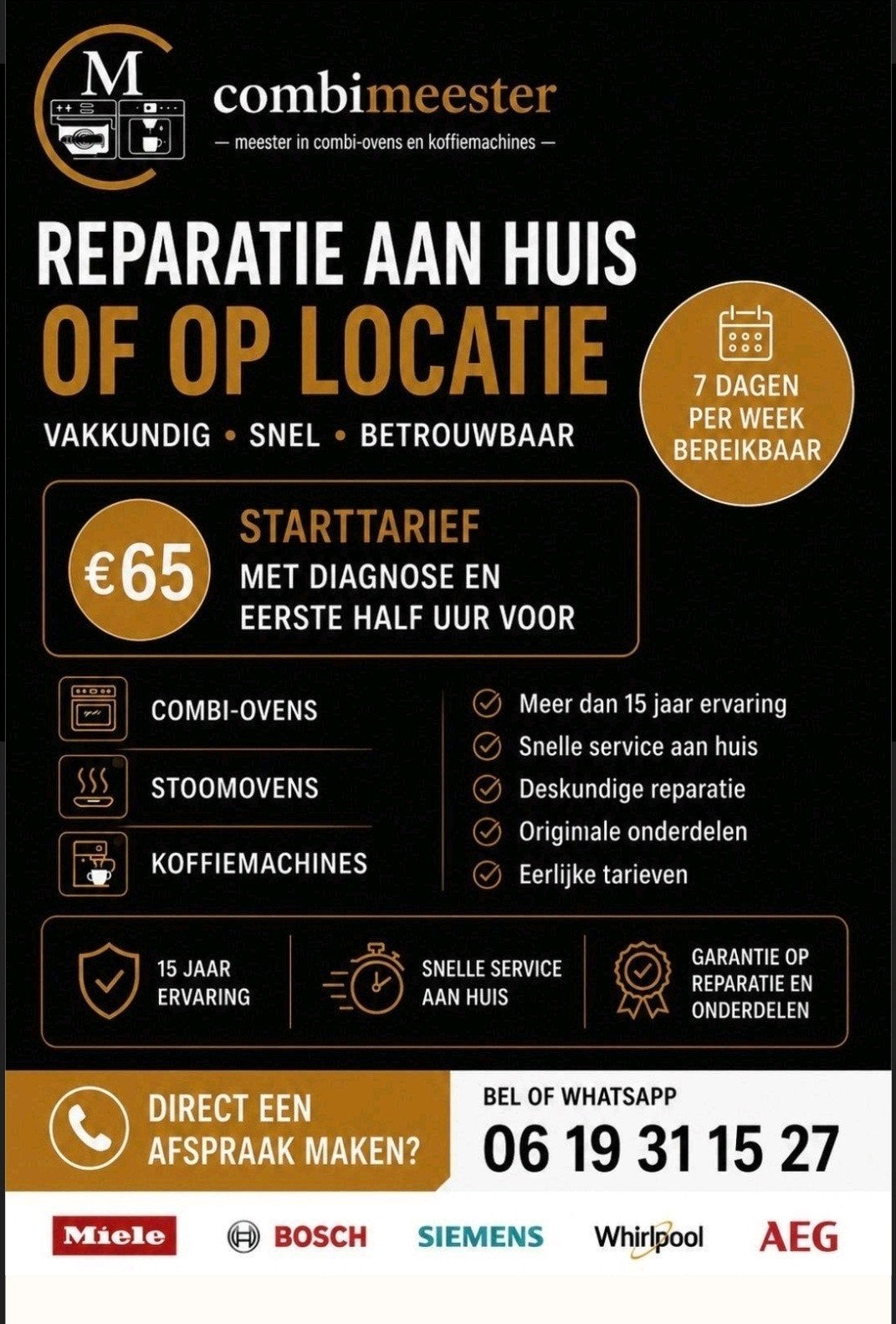 Reparatie van combiovens en koffiemachines, 24-uursservice