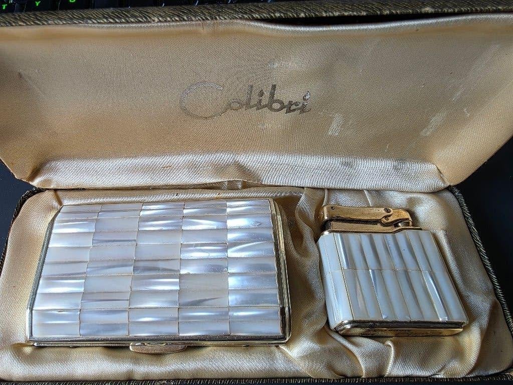 Vintage Colibri Rookset Parelmoer – Aansteker & houder, Ophalen of Verzenden, Gebruikt, Aansteker