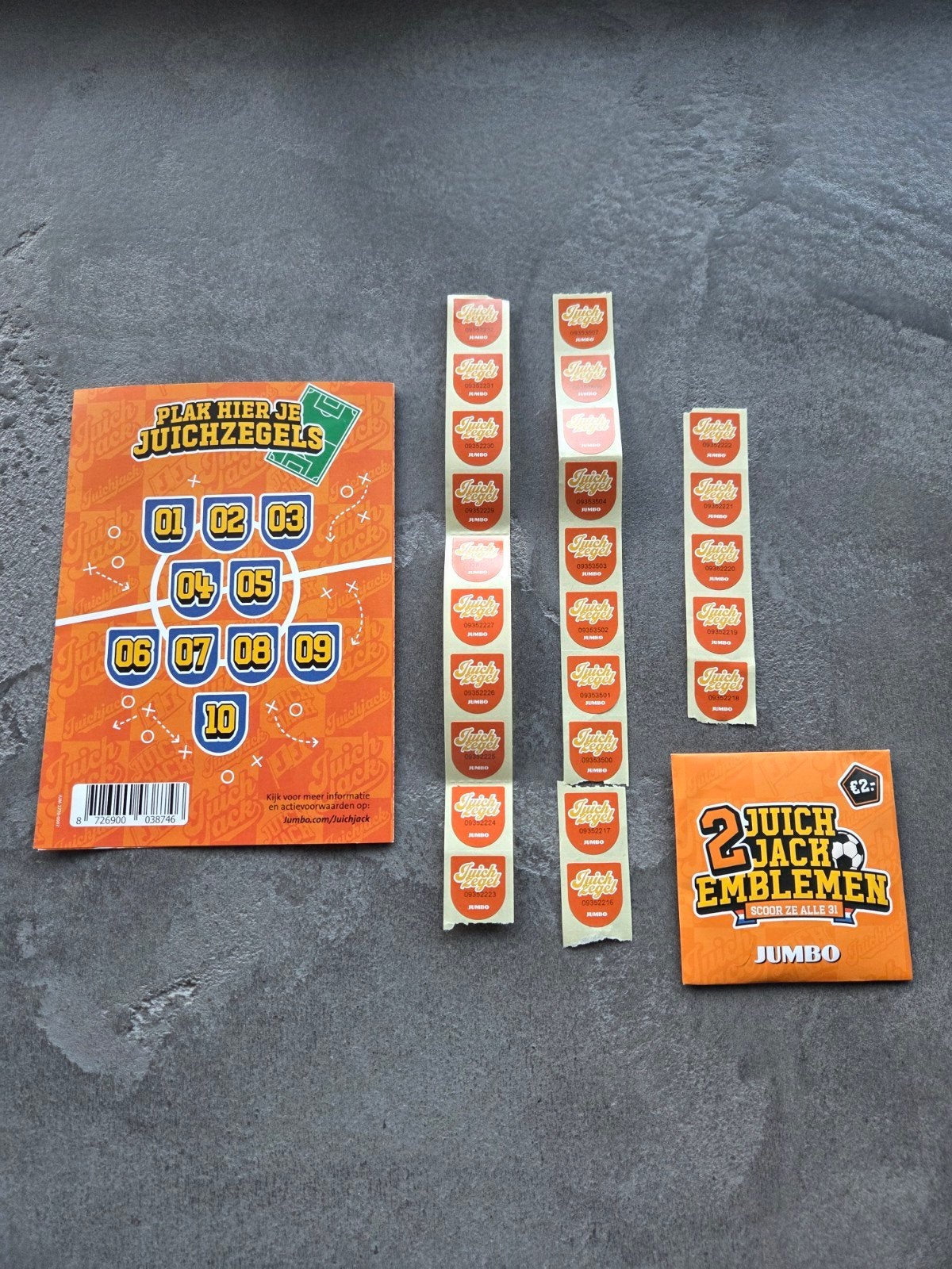 Jumbo  juichjack zegels (25) + 2 emblemen, Jumbo, Ophalen of Verzenden