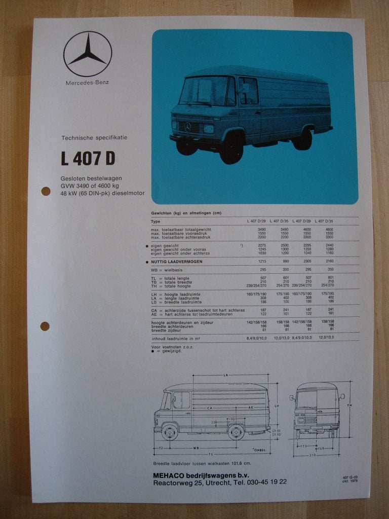 Mercedes 407D Technische Specificatie Brochure 1979 BG – 407, Zo goed als nieuw, Mercedes-Benz, Mercedes, Ophalen of Verzenden