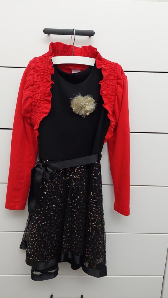 Feestelijke jurk met bolero - Zwart/Rood (maat 128/134), Meisje, Ophalen of Verzenden, Zo goed als nieuw, Jurk of Rok
