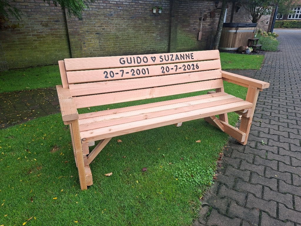 tuinbank met tekst   herdenkingsbank huwelijk pensioen ed, Ophalen, Nieuw, Hout