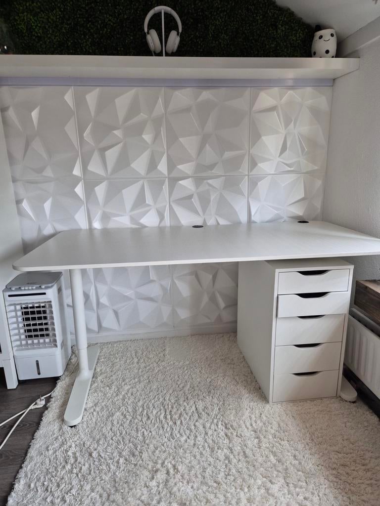 Bureau 160x80 + ladekast (wit), 160 cm, Spaanplaat of MDF, Ophalen of Verzenden, Zo goed als nieuw