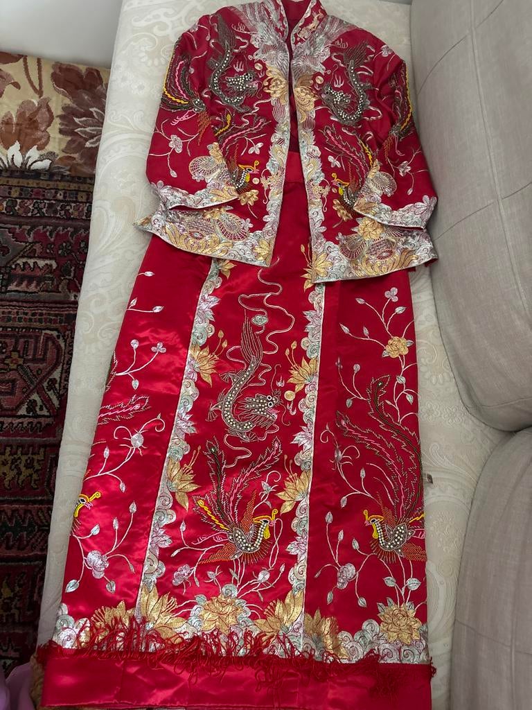 Vintage Chinees zijden jasje en lange rokje met borduursel, Kleding | Dames, Maat 38/40 (M), Overige typen, Ophalen of Verzenden