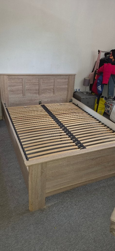 2 persoons bed met 2 nachtkastjes, Huis en Inrichting, Slaapkamer | Bedden, Ophalen, Gebruikt, Bruin, Tweepersoons