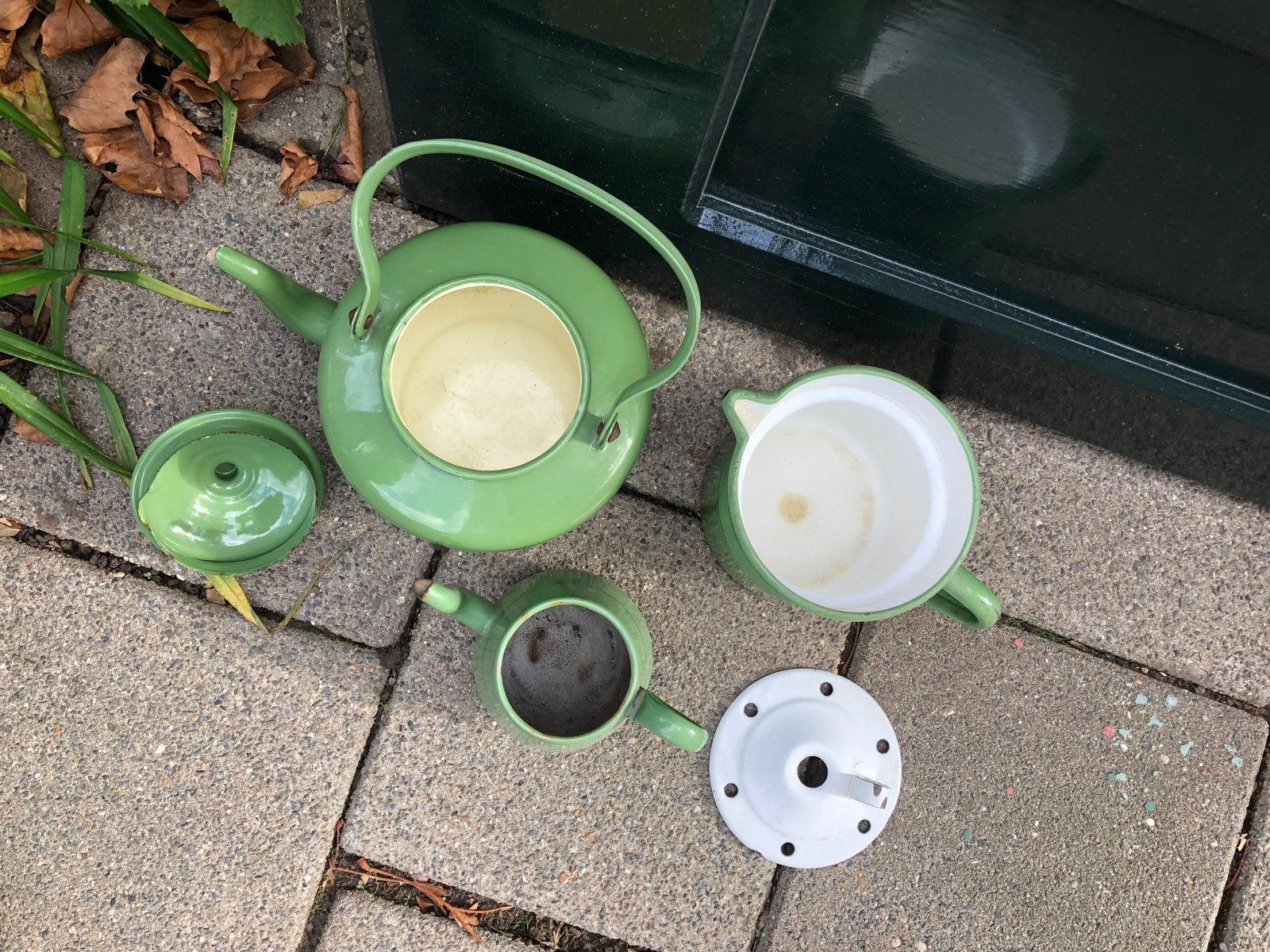 Vintage Groen Emaille Theepot, Melkkan en Suikerpot Set, Antiek en Kunst, Antiek | Emaille, Ophalen