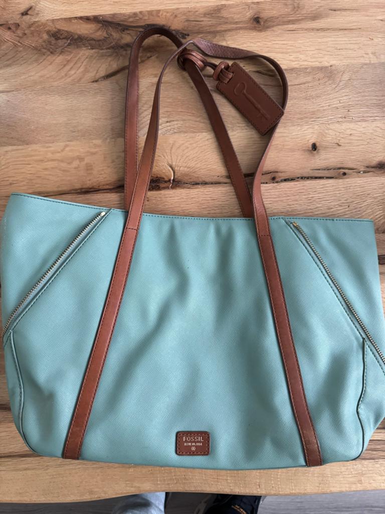Fossil Schoudertas Mintgroen/Aqua met Cognacbruin Leer, Sieraden, Tassen en Uiterlijk, Tassen | Damestassen, Ophalen of Verzenden