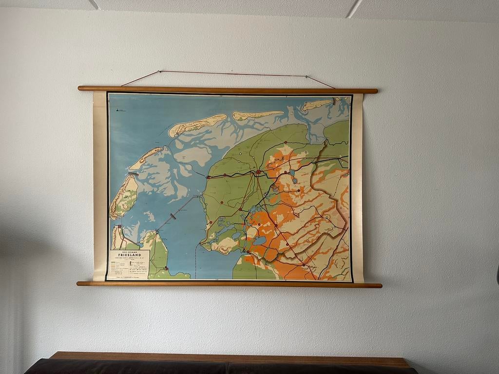 Vintage schoolplaat Friesland Bos-Zeeman 130 x 93, Ophalen, Aardrijkskunde