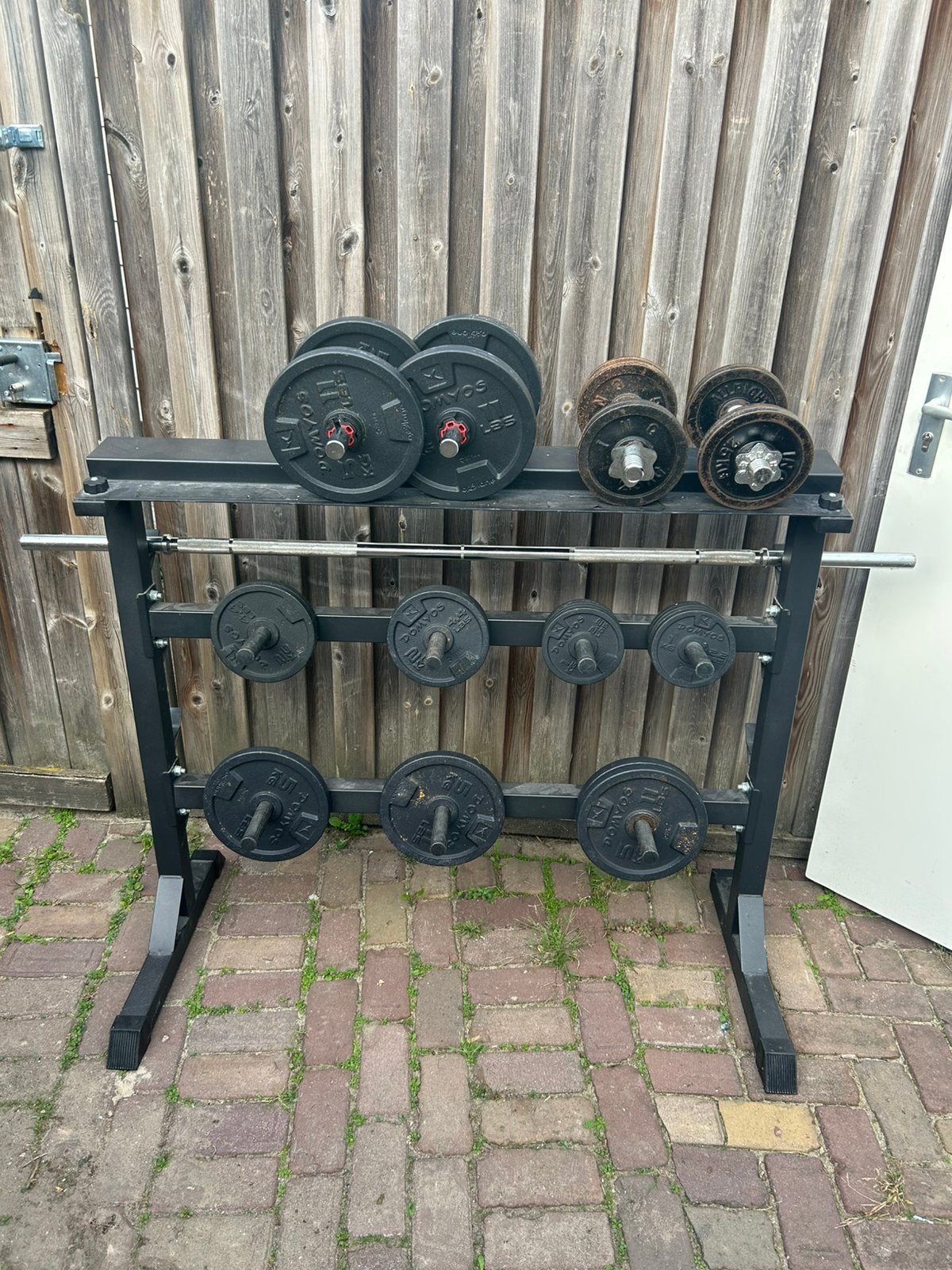Halterrek incl dumbells, stang en schijven, Sport en Fitness, Ophalen of Verzenden, Gebruikt